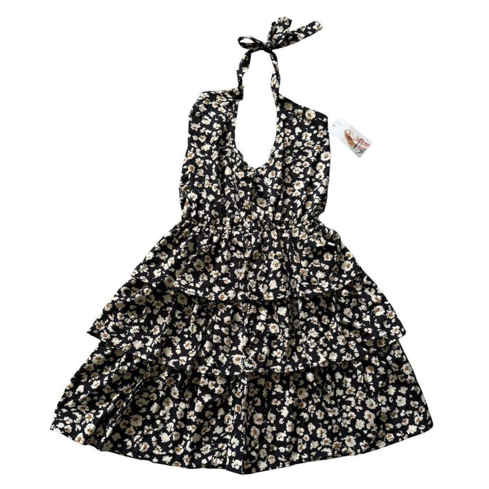 Prettygarden Womens Black Floral Halter Tiered Ruffle Dress M Cottagecore Party - Picture 4 of 8